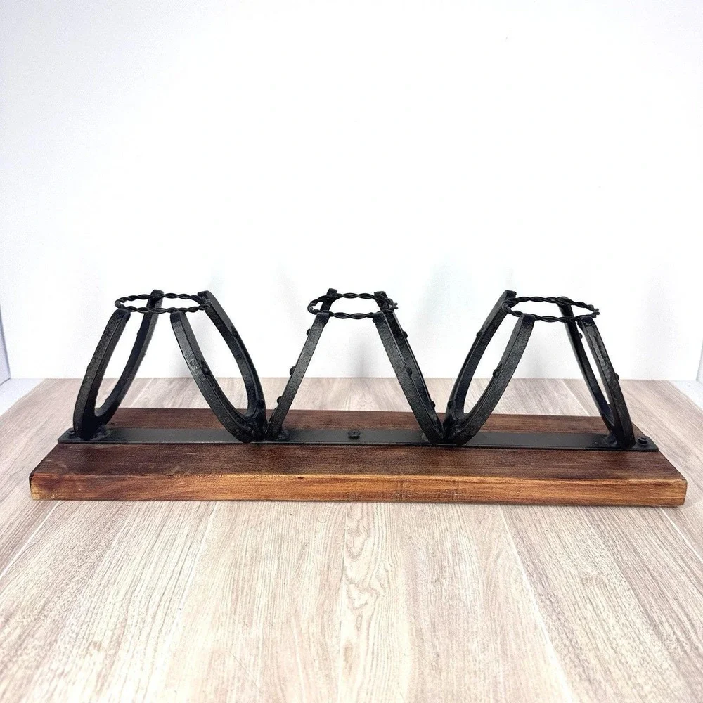 Rustic Horseshoe Candle Holder Cast Iron Wood‎ Base Western Farmhouse Decor